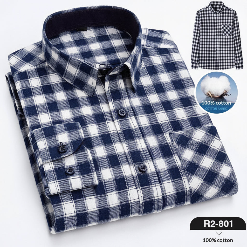 Spring New Mens Casual Fashionable Pure Cotton Brushed Flannel Plaid Long-Sleeve Shirt