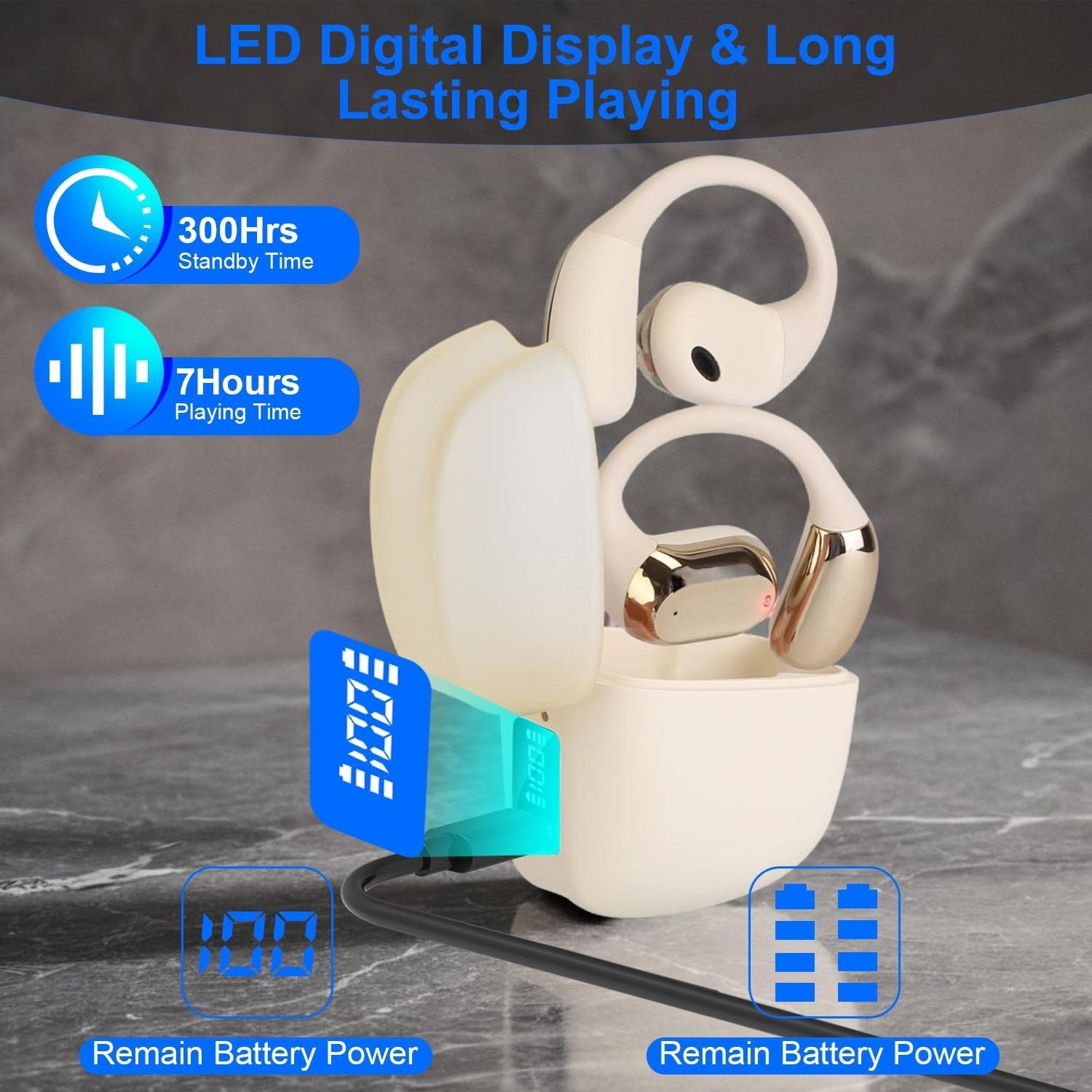 1 Set Wireless V5.4 Open Ear Earbuds With Earhook LED Display Charging Case IPX5 Waterproof 300Hrs Standby Time Touch Control Stereo Sport Headphones For Workout Running - TS Store