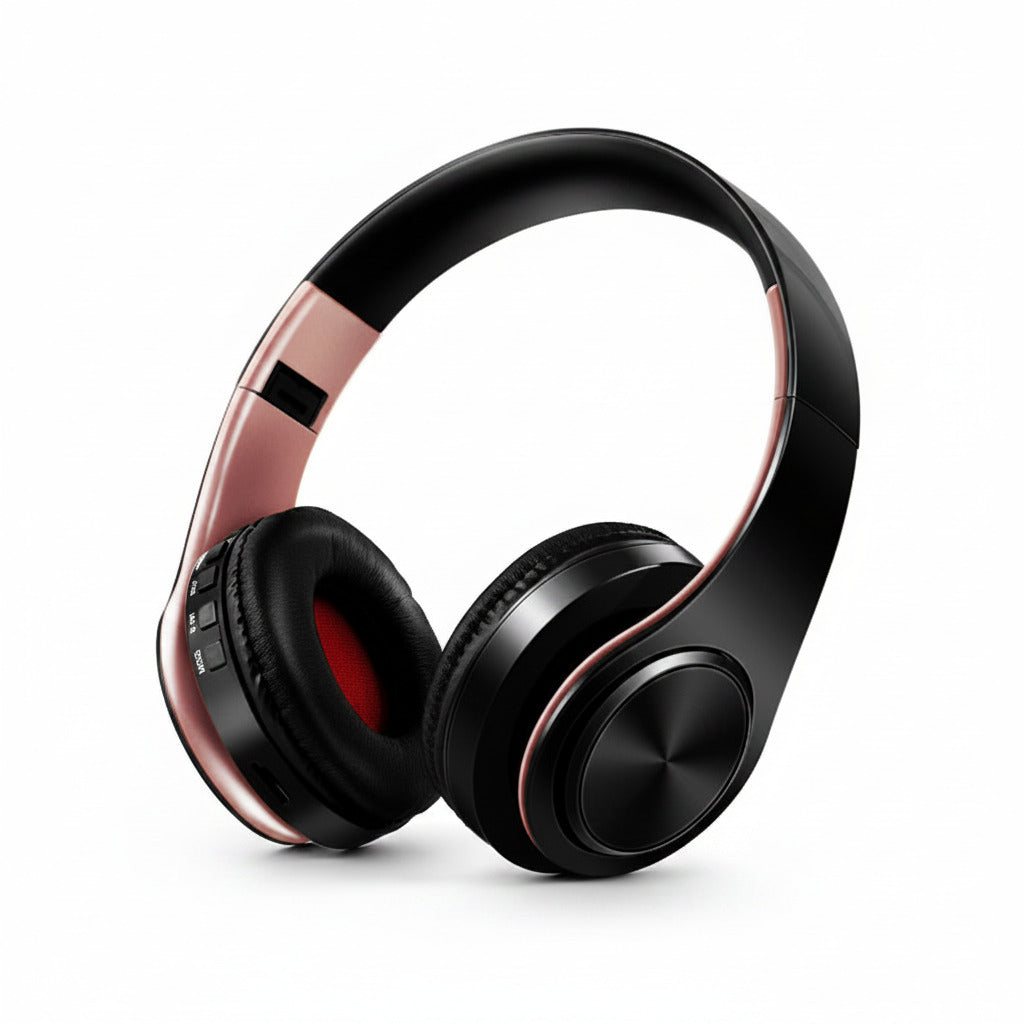 Black and rose gold headphones on a white background