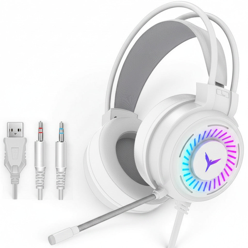 White gaming headset with blue lighting and USB cable on a white background