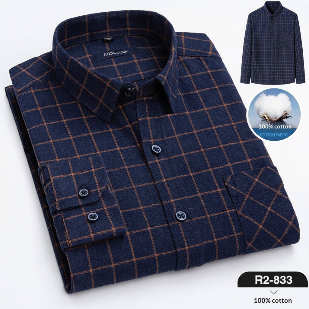 Spring New Mens Casual Fashionable Pure Cotton Brushed Flannel Plaid Long-Sleeve Shirt