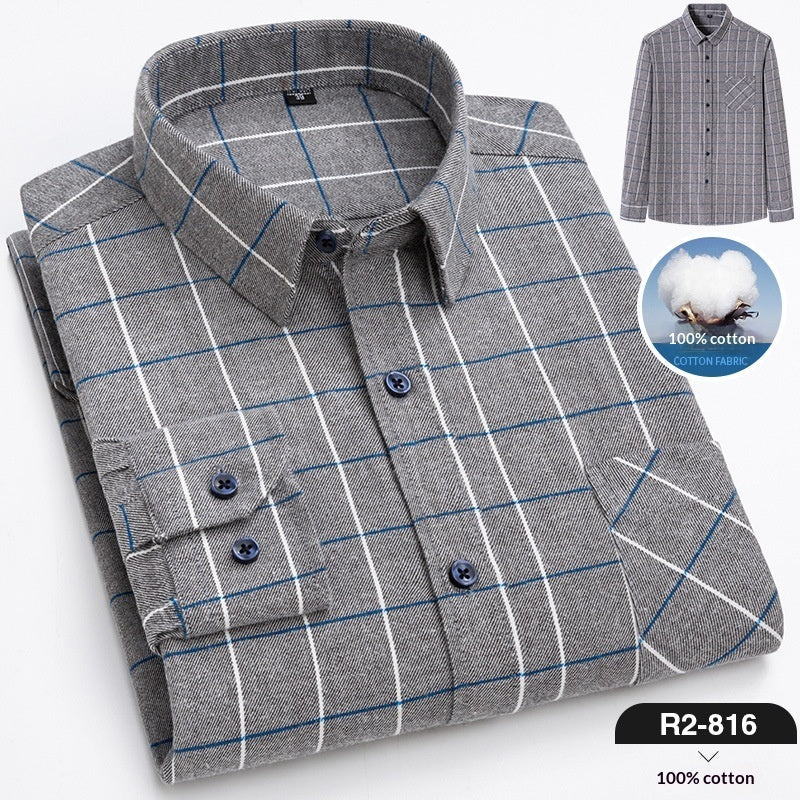 Spring New Mens Casual Fashionable Pure Cotton Brushed Flannel Plaid Long-Sleeve Shirt