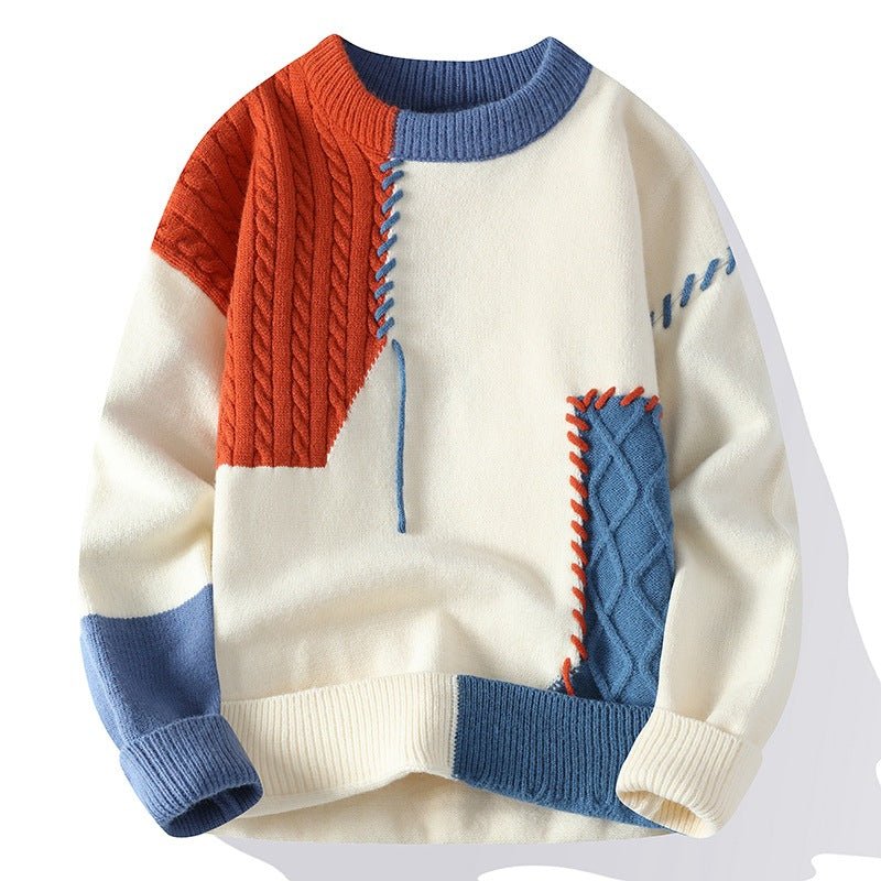 Ins Colorblock Pullover Sweater Winter Fashion Long Sleeve Knitted Top Men's Clothing - TS Store