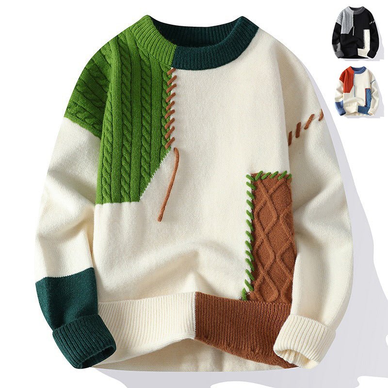 Ins Colorblock Pullover Sweater Winter Fashion Long Sleeve Knitted Top Men's Clothing - TS Store