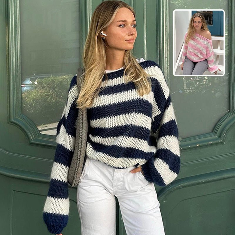 Loose Striped Pullover Sweater Fashion Versatile Long-sleeved Knitted Tops For Women Clothing - TS Store