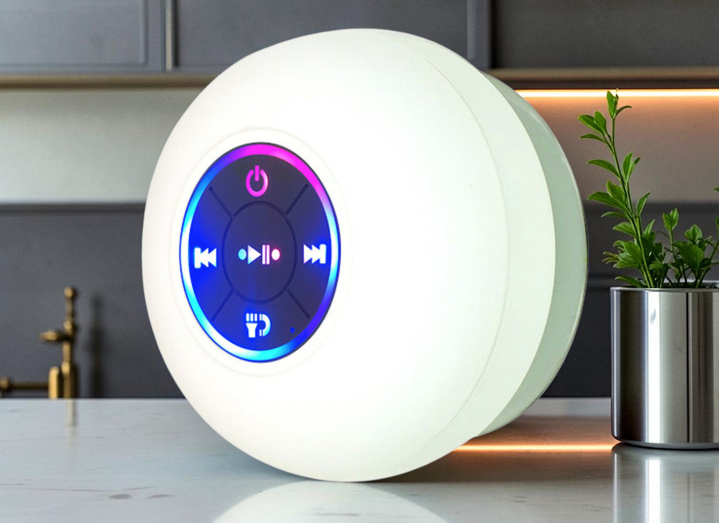 TS Store white waterproof Bluetooth speaker with suction cup and illuminated controls, ideal for showers or bathrooms.