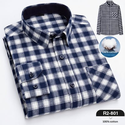 Spring New Mens Casual Fashionable Pure Cotton Brushed Flannel Plaid Long-Sleeve Shirt