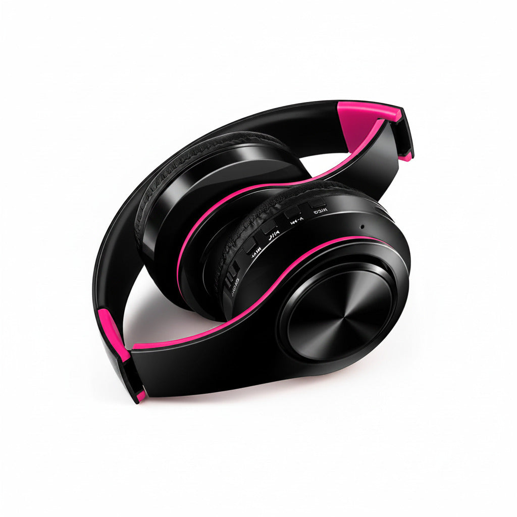 Black and pink headphones on a white background