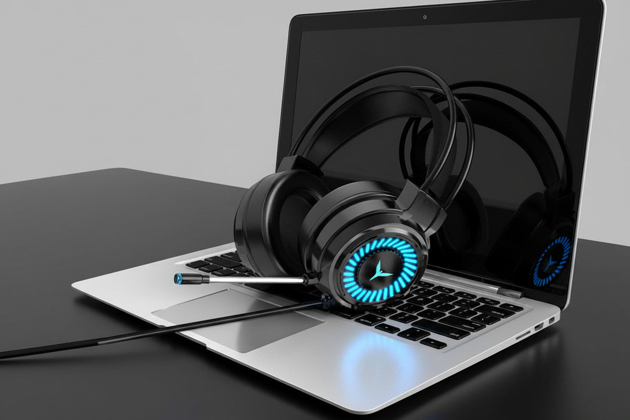 Black gaming headset with blue LED lights on a laptop