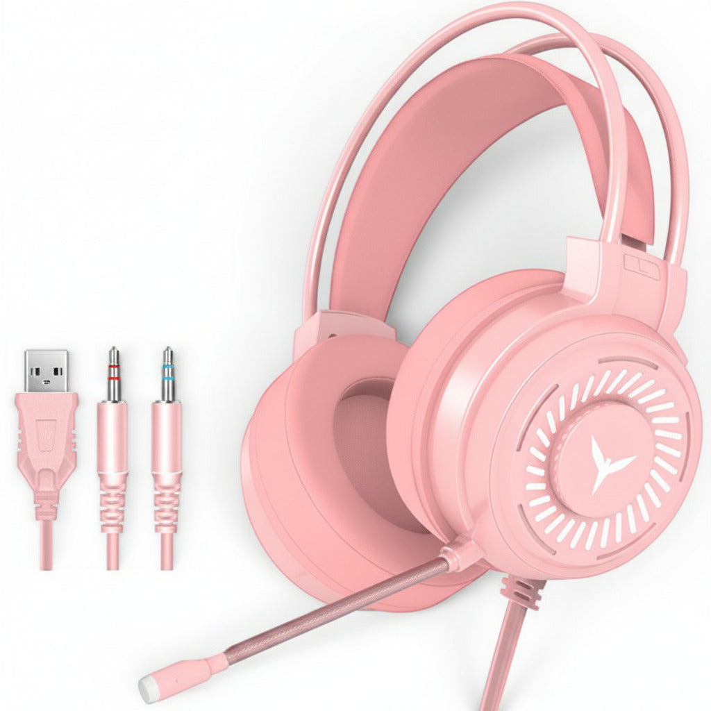 Pink gaming headset with USB cable and audio jack on a white background