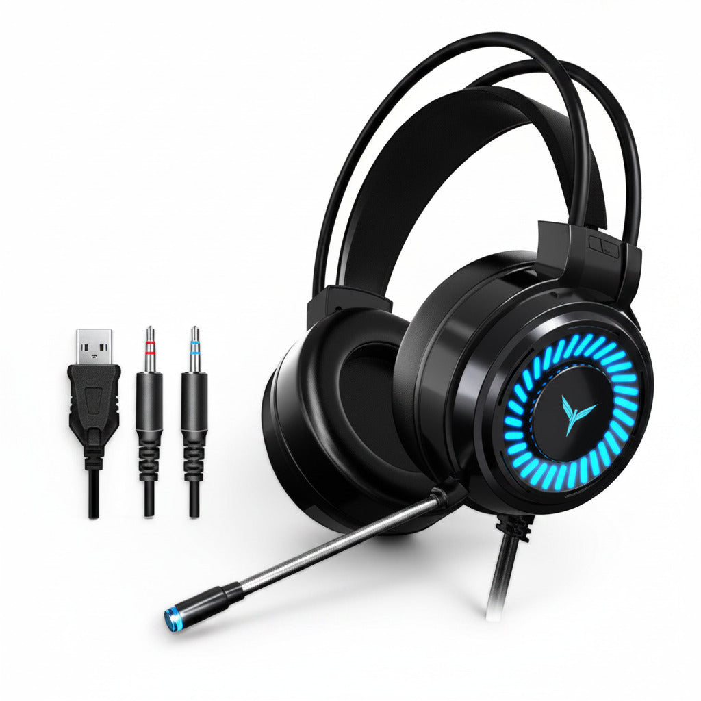 Gaming headset with blue LED lights, USB cable, and 3.5mm jack on a white background