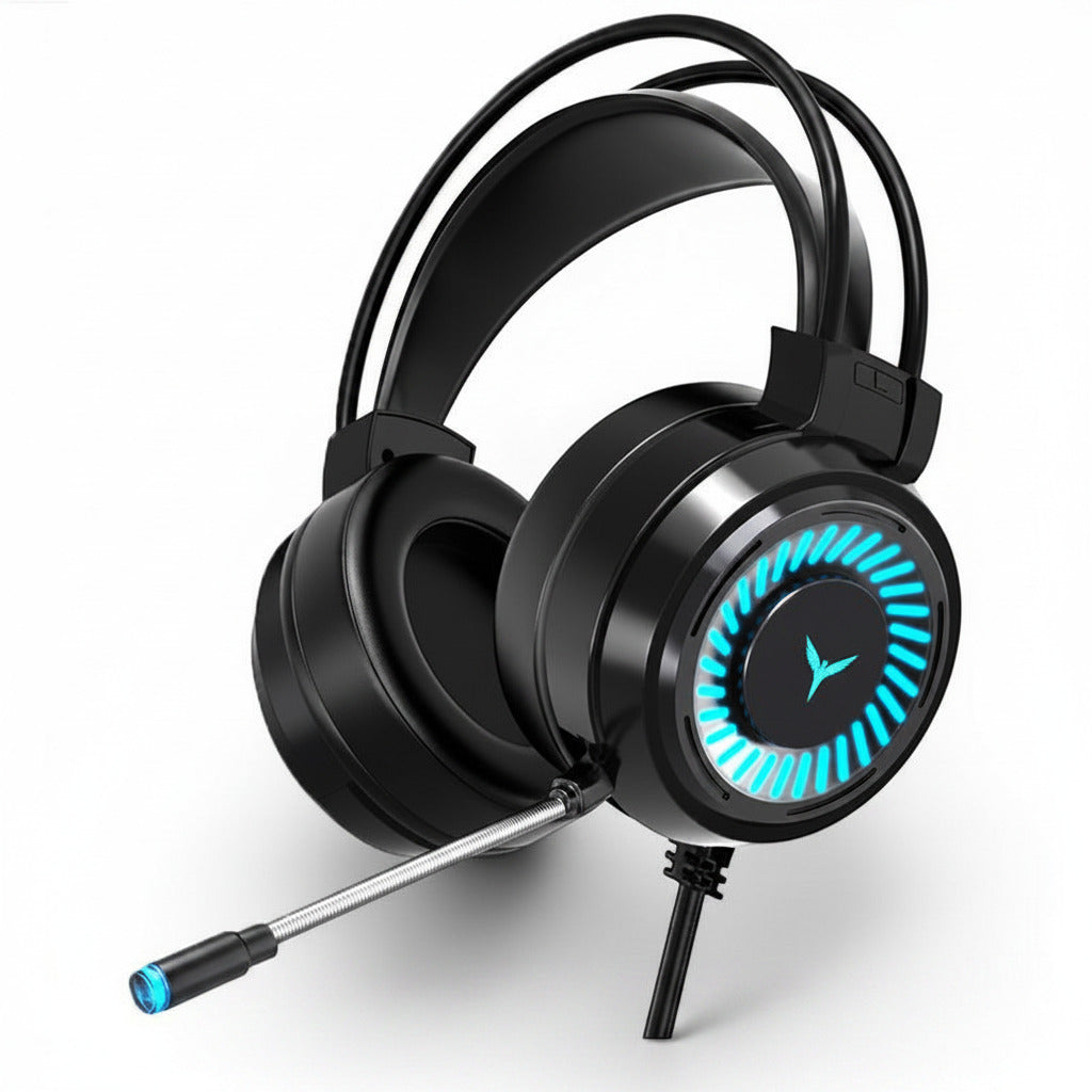 Black gaming headset with blue LED lights on a white background