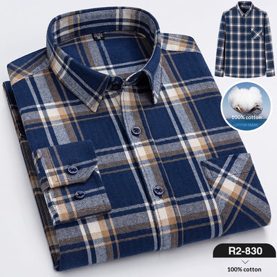Spring New Mens Casual Fashionable Pure Cotton Brushed Flannel Plaid Long-Sleeve Shirt