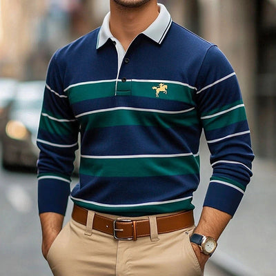 Digital-print Men's Casual Long-sleeve Polo-neck Top