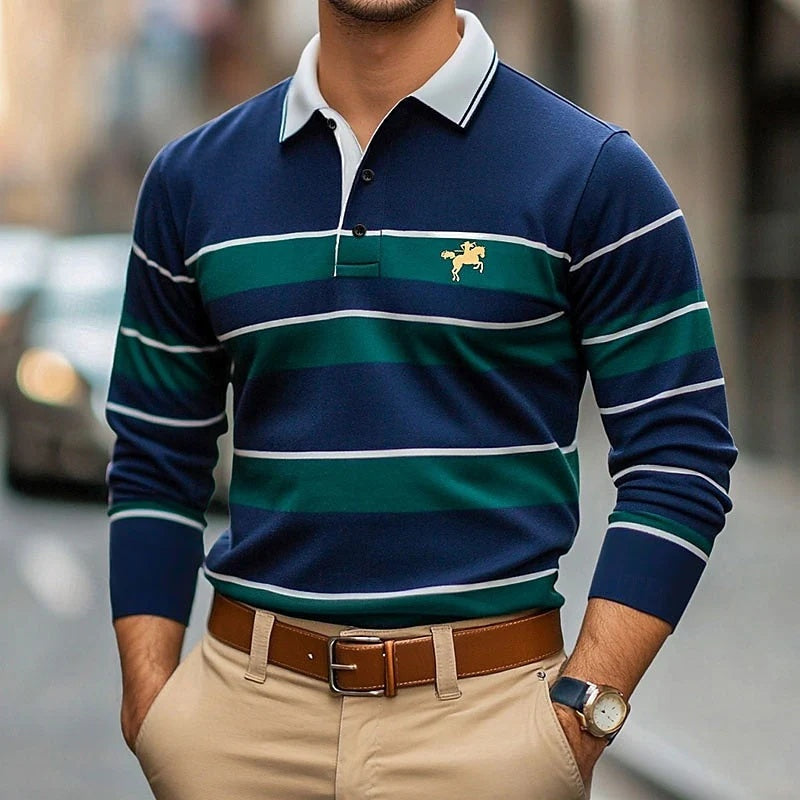 Digital-print Men's Casual Long-sleeve Polo-neck Top