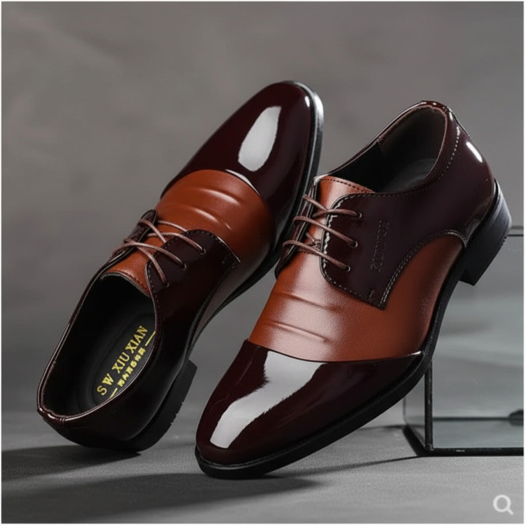 Brown leather dress shoes with a visible brand name on a gray background