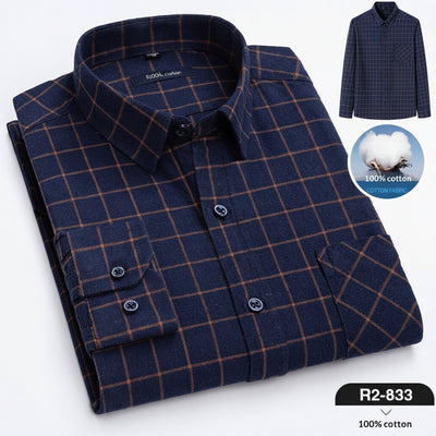 Spring New Mens Casual Fashionable Pure Cotton Brushed Flannel Plaid Long-Sleeve Shirt