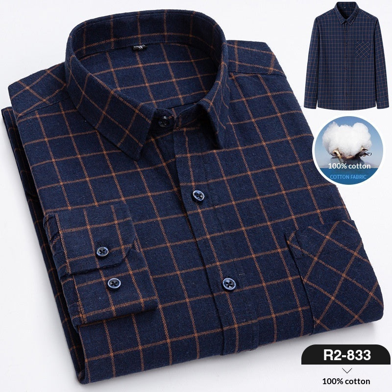 Spring New Mens Casual Fashionable Pure Cotton Brushed Flannel Plaid Long-Sleeve Shirt