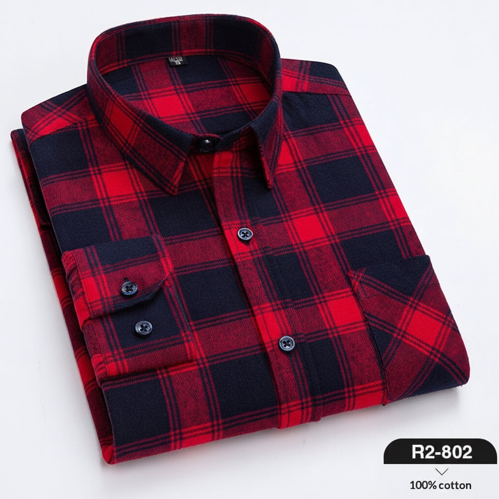 Spring New Mens Casual Fashionable Pure Cotton Brushed Flannel Plaid Long-Sleeve Shirt