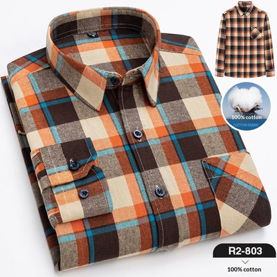 Spring New Mens Casual Fashionable Pure Cotton Brushed Flannel Plaid Long-Sleeve Shirt