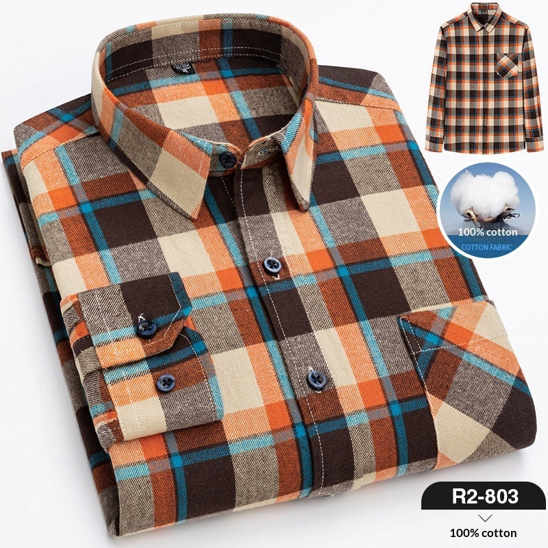 Spring New Mens Casual Fashionable Pure Cotton Brushed Flannel Plaid Long-Sleeve Shirt