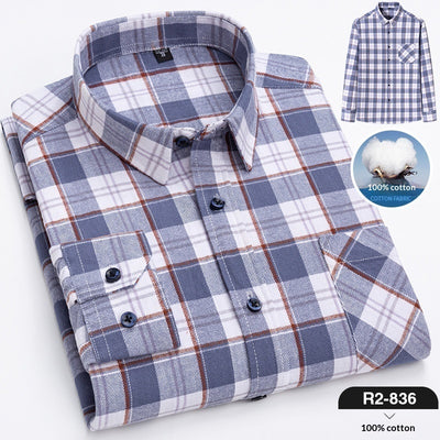 Spring New Mens Casual Fashionable Pure Cotton Brushed Flannel Plaid Long-Sleeve Shirt