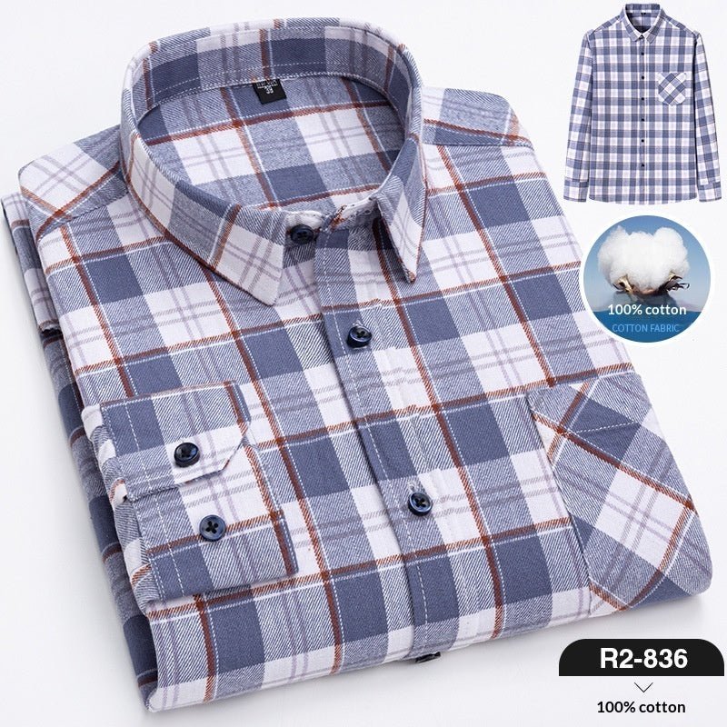 Spring New Mens Casual Fashionable Pure Cotton Brushed Flannel Plaid Long-Sleeve Shirt