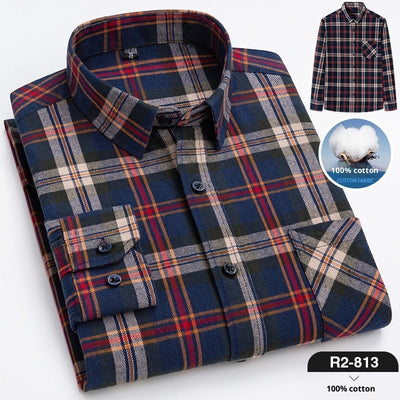 Spring New Mens Casual Fashionable Pure Cotton Brushed Flannel Plaid Long-Sleeve Shirt