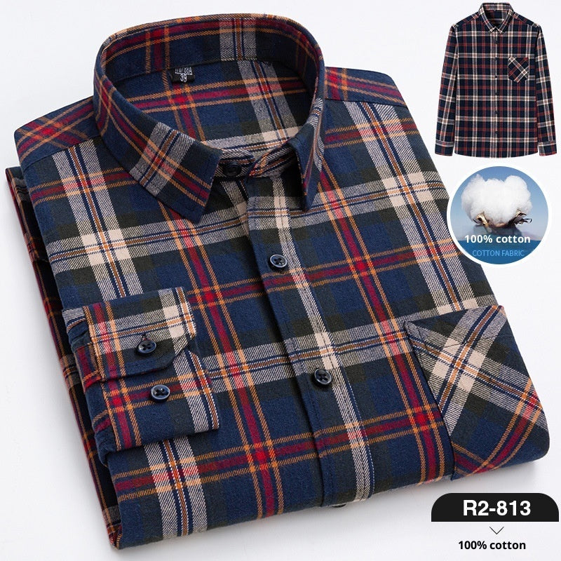 Spring New Mens Casual Fashionable Pure Cotton Brushed Flannel Plaid Long-Sleeve Shirt