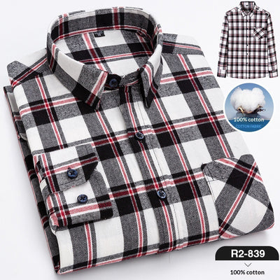 Spring New Mens Casual Fashionable Pure Cotton Brushed Flannel Plaid Long-Sleeve Shirt