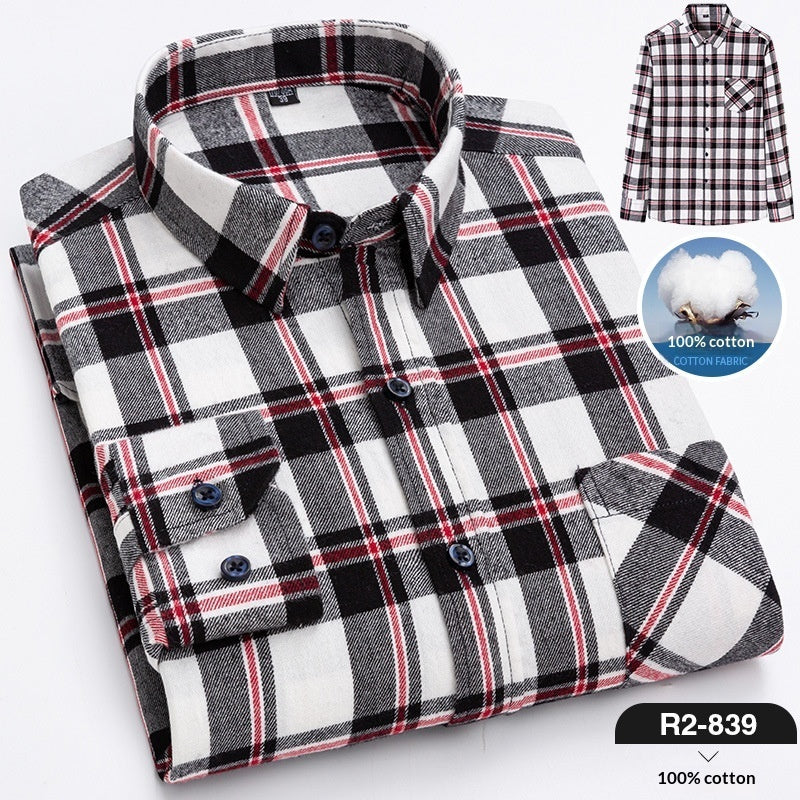 Spring New Mens Casual Fashionable Pure Cotton Brushed Flannel Plaid Long-Sleeve Shirt
