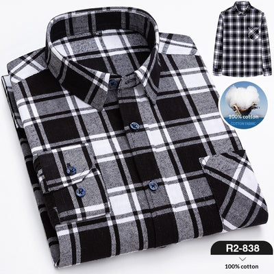 Spring New Mens Casual Fashionable Pure Cotton Brushed Flannel Plaid Long-Sleeve Shirt