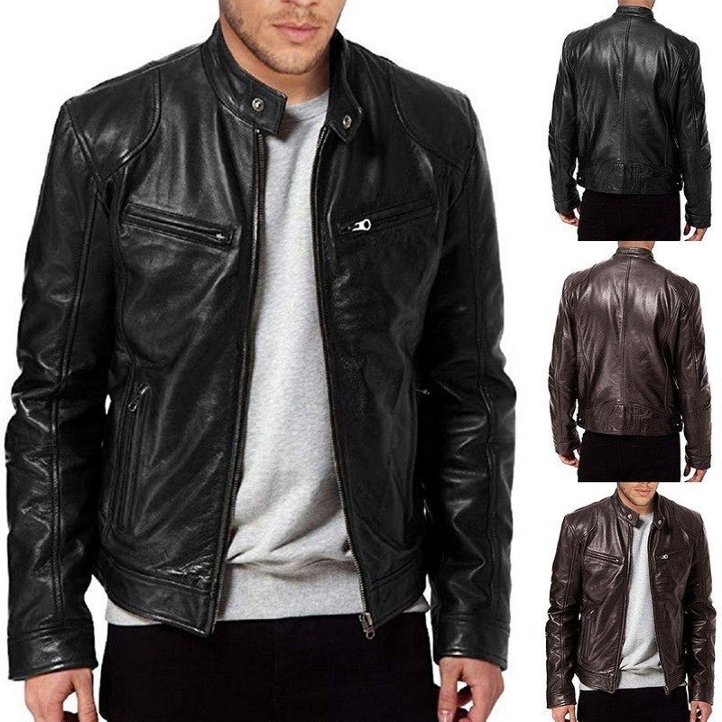 Men's Zip-up Cardigan PU Leather Jacket Fashion Pockets Stand Collar Short Tops Clothing - TS Store