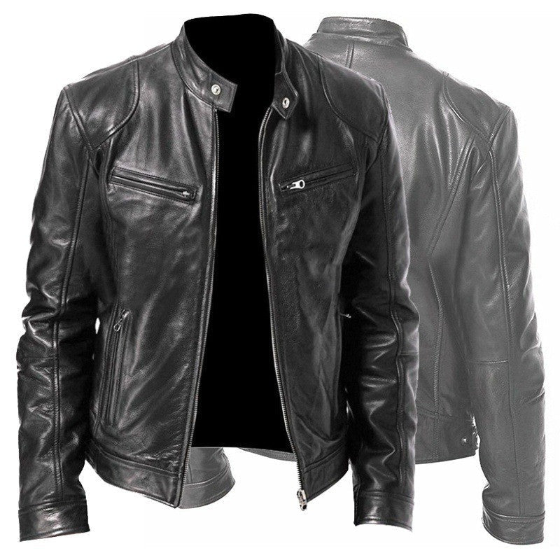 Men's Zip-up Cardigan PU Leather Jacket Fashion Pockets Stand Collar Short Tops Clothing - TS Store