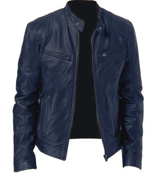 Men's Zip-up Cardigan PU Leather Jacket Fashion Pockets Stand Collar Short Tops Clothing - TS Store