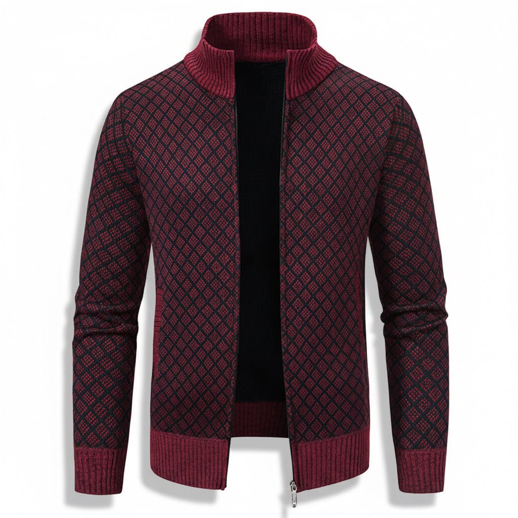 Thickened Plaid Print Jacket Cardigan Fashion Slim Fit Zipper Stand Collar Sweater Winter Men's Casual Long Sleeve Knitted Top Clothing - TS Store