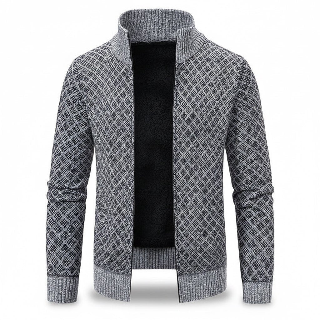 Thickened Plaid Print Jacket Cardigan Fashion Slim Fit Zipper Stand Collar Sweater Winter Men's Casual Long Sleeve Knitted Top Clothing - TS Store