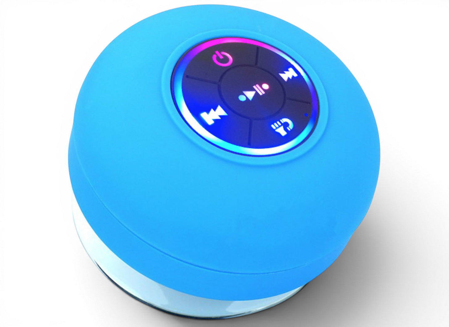 TS Store blue waterproof Bluetooth speaker with suction cup and illuminated control buttons.
