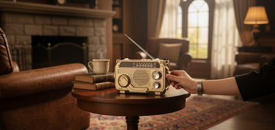 TS Store portable retro radio in gold with built-in flashlight and AM/FM/SW bands. Vintage-inspired design with easy-to-use knobs.