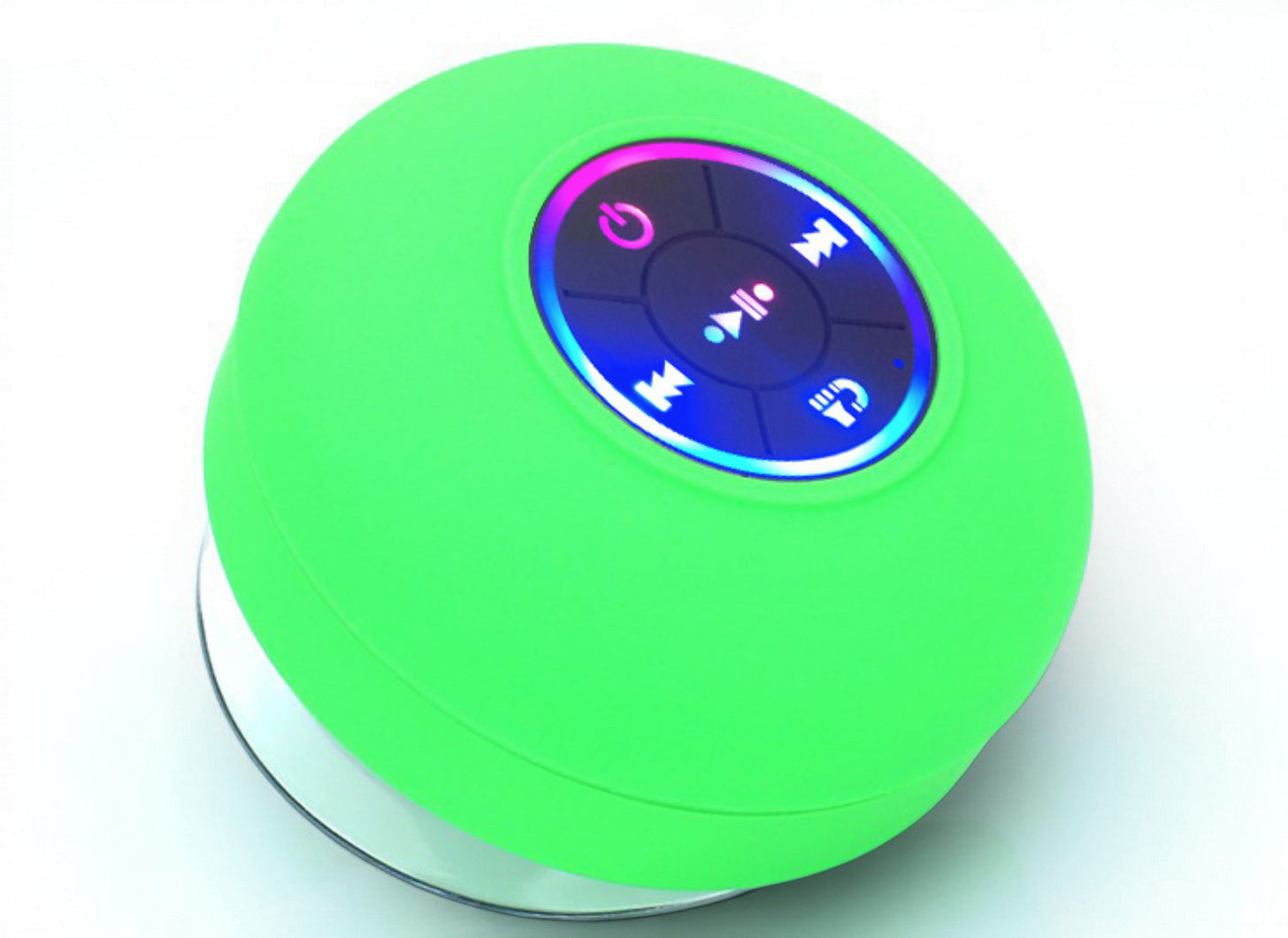 TS Store green waterproof Bluetooth speaker with suction cup and illuminated control buttons.