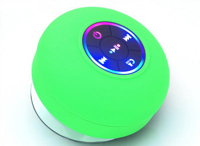 TS Store green waterproof Bluetooth speaker with suction cup and illuminated control buttons.