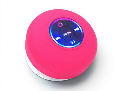 TS Store pink waterproof Bluetooth speaker with suction cup and illuminated control buttons.