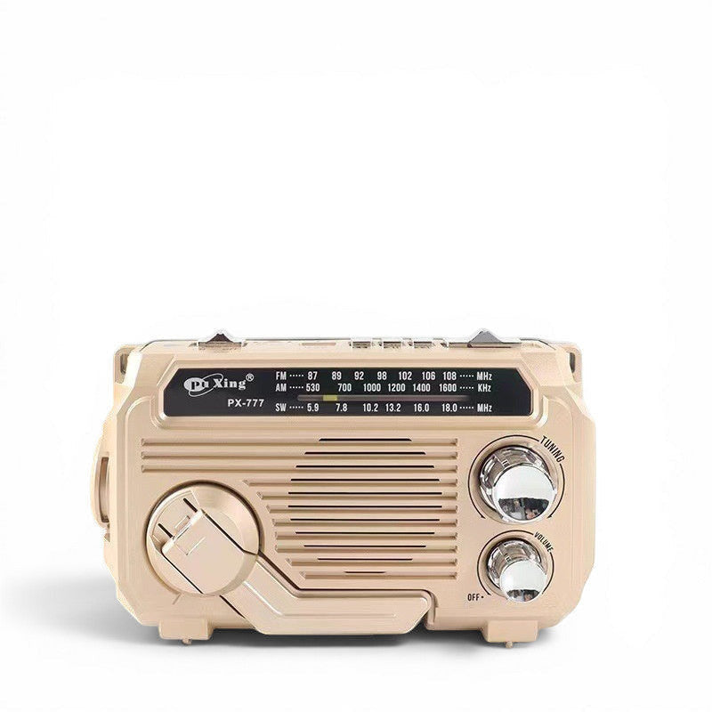 TS Store portable retro radio with Bluetooth, solar charging, and AM/FM/SW bands. Beige aluminum alloy.