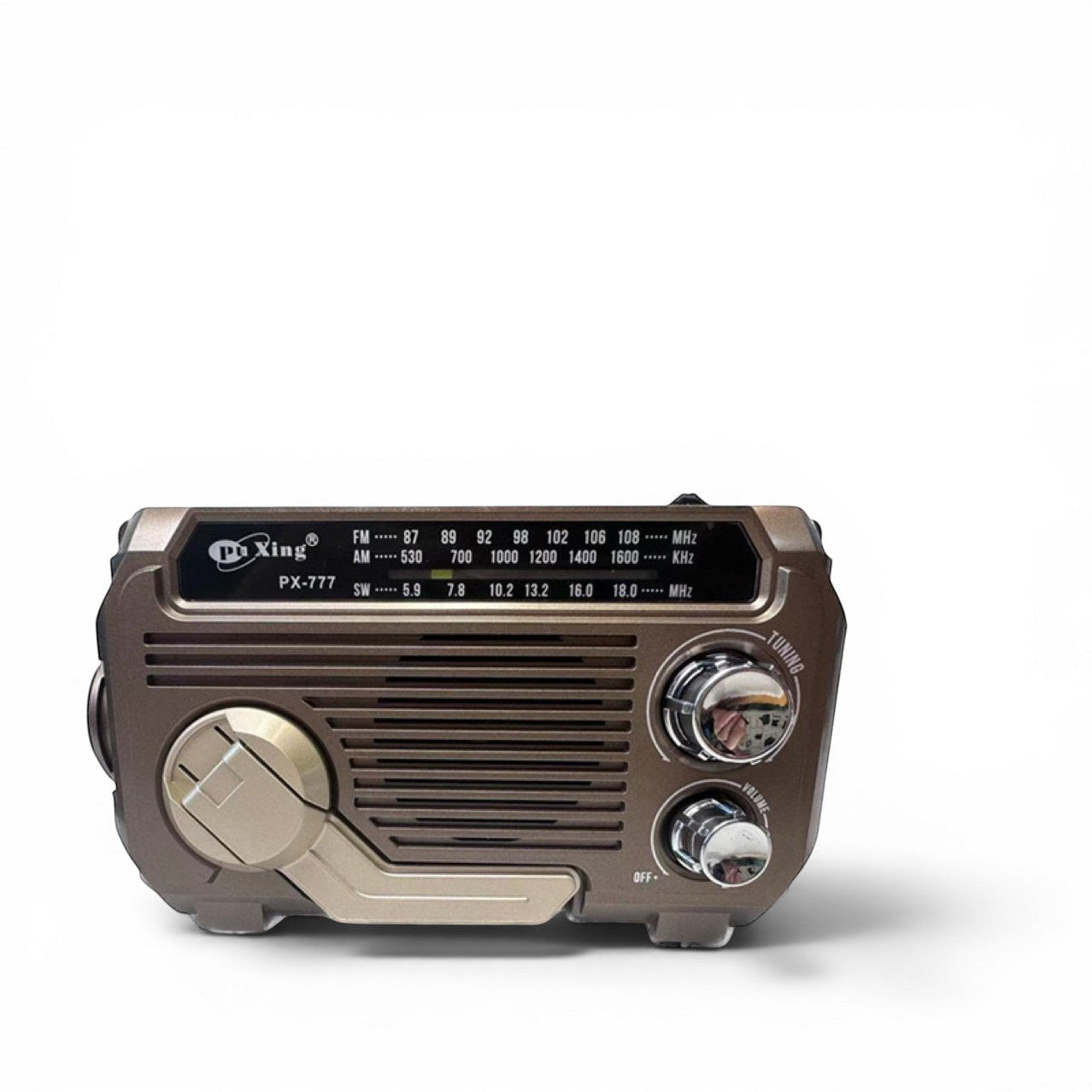 TS Store PX-777 mixed color portable radio with Bluetooth, solar power, and USB. Features tuning and volume knobs.