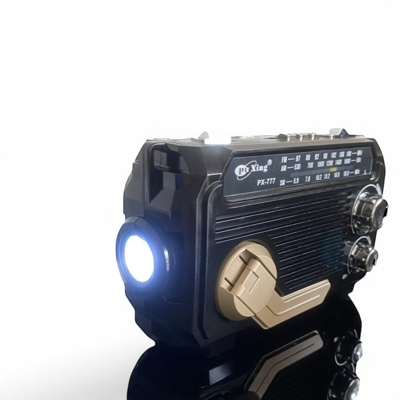 TS Store PX-777 portable radio with flashlight, Bluetooth, and solar charging. Black aluminum alloy.