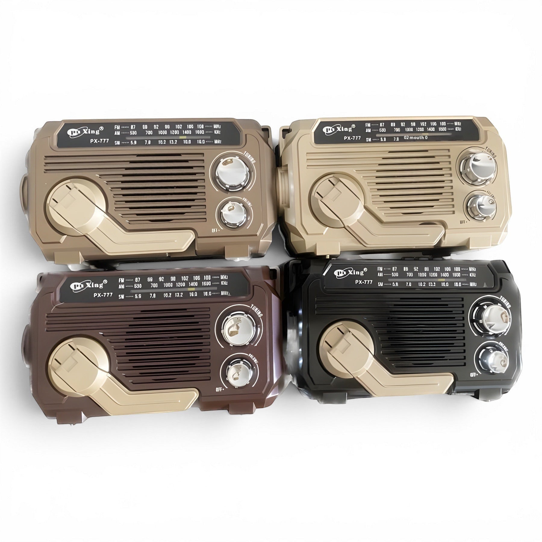 TS Store PX-777 portable radio in mixed colors: brown, tan, and black. Features solar panel, Bluetooth, USB, and FM/AM/SW bands.
