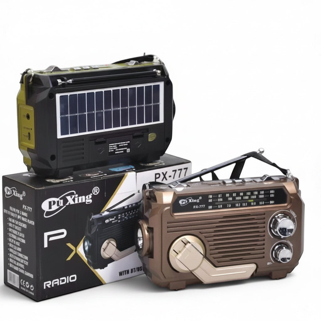 TS Store PX-777 portable radio with solar panel, Bluetooth, and USB. Available in mixed colors and bronze.