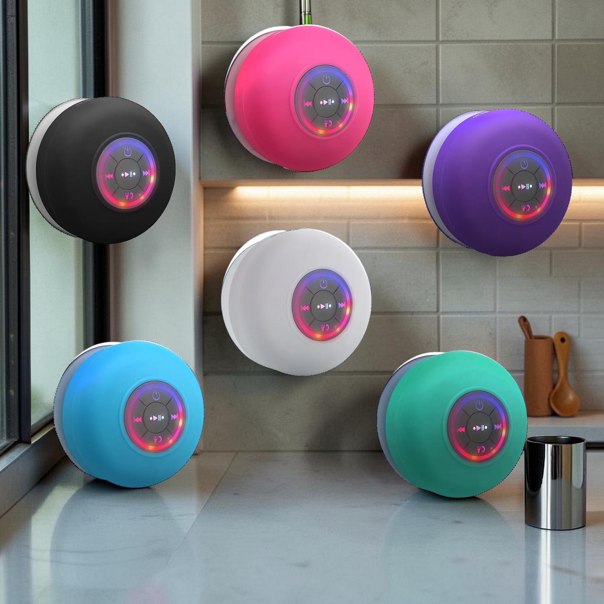 TS Store waterproof Bluetooth speaker with suction cup, available in black, pink, purple, white, blue, and green, features LED lights and controls.