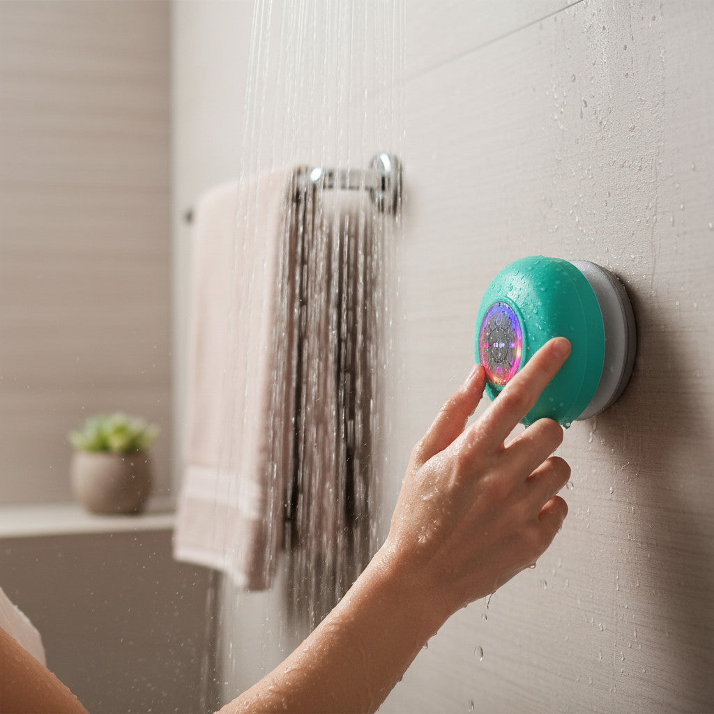 TS Store waterproof Bluetooth speaker with suction cup, available in black, pink, purple, white, blue, and green, with LED lights and controls.