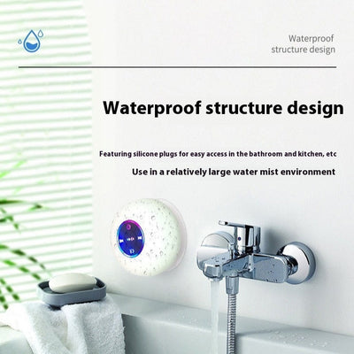 TS Store white waterproof Bluetooth speaker with suction cup, ideal for bathrooms and kitchens.